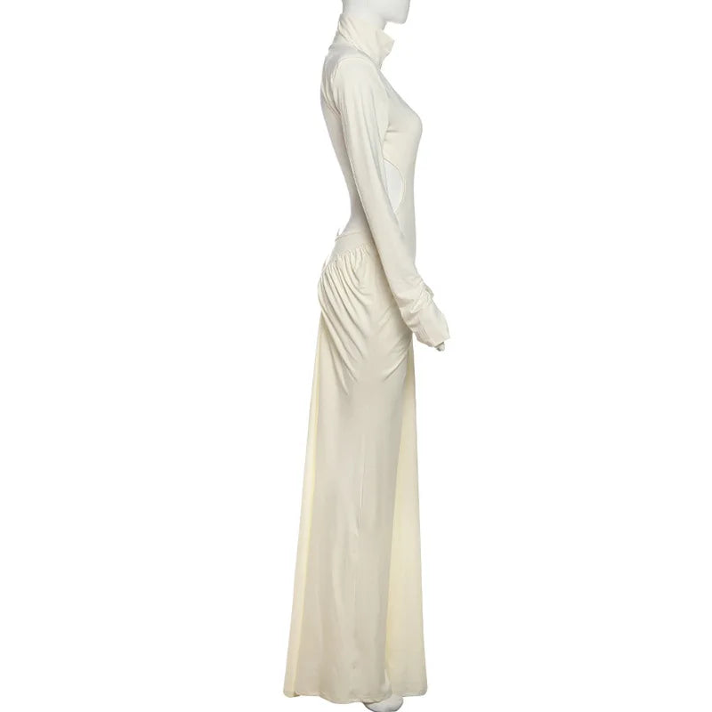 Women's Ruched Long Sleeve Maxi Dress - Elegant Backless Evening Gown