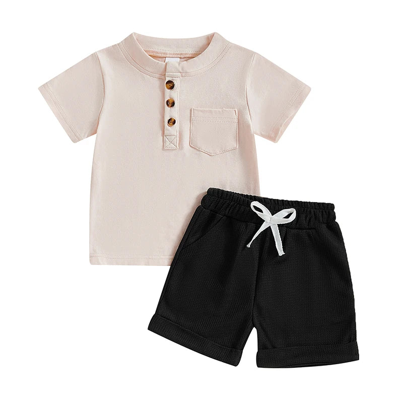 Casual Summer Baby Boys Button-Up Outfit Set - Round-Neck Top & Solid Color Shorts (0-4Y)
