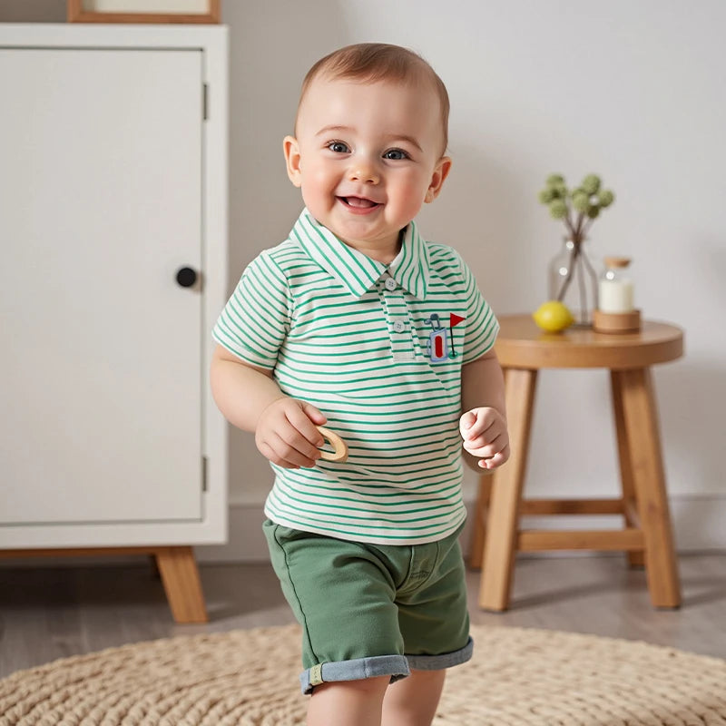 0-4Y Toddler Kids Boys Summer T Shirts Short Sleeve Casual Golf Embroidery Striped Print Pullover Top