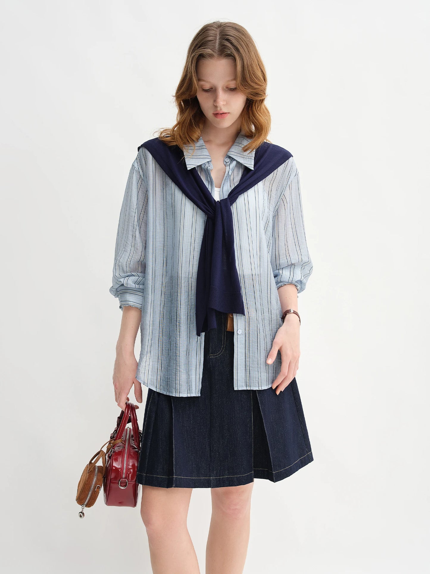 Women's Autumn Clothing Set - Long Sleeve Shirt & A-Line Skirt with V-Neck Top