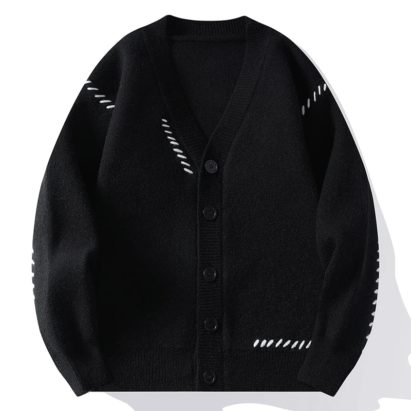 Men's Autumn Winter V-Neck Knit Cardigan Patchwork Loose Knitted Sweater