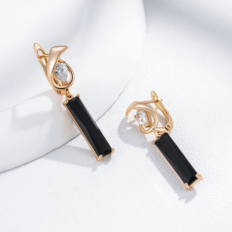 Simple Long Square Black Natural Zircon Drop Earrings For Women 585 Rose Gold Colour