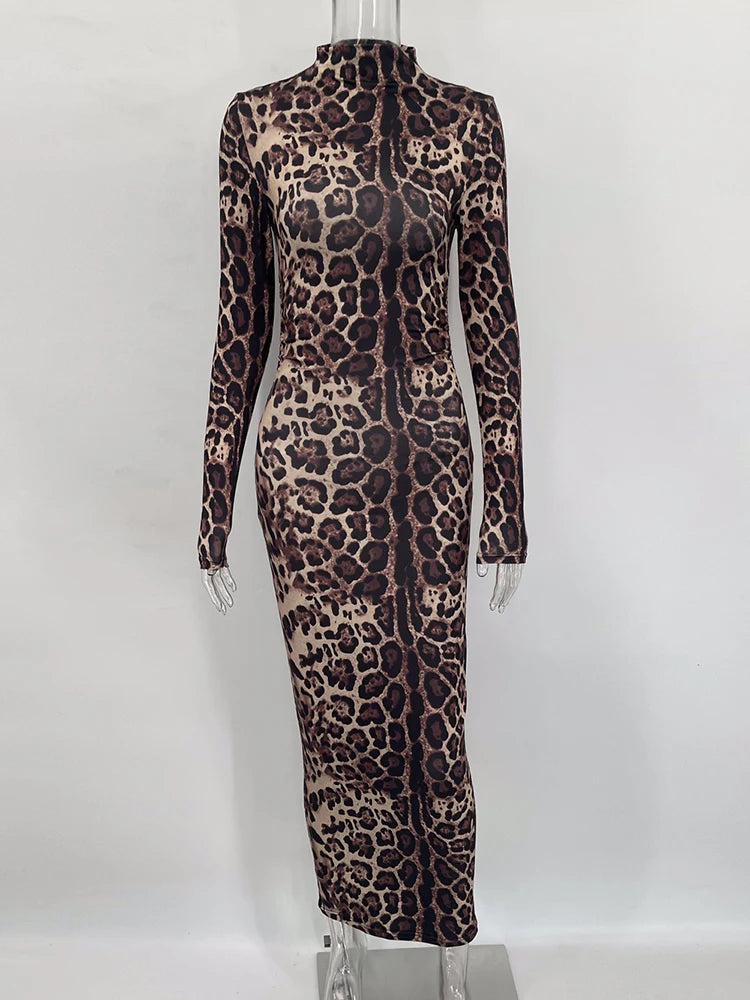 Women's Leopard Print Maxi Long Sleeve Gown Dress