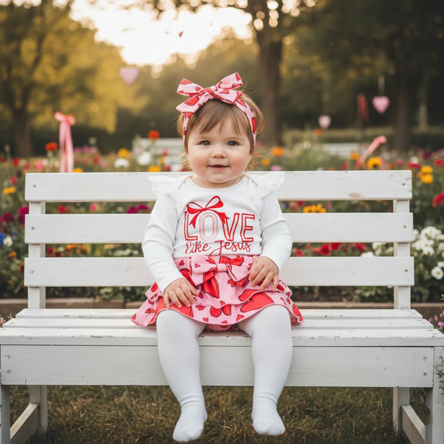 Baby Girls Valentine's Day Letter Embroidery Romper Heart Print Shorts and Hairband Set