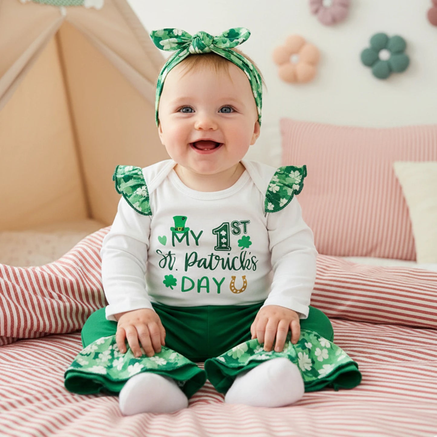 Baby Girls Boys Clover Print Outfit Set - Long Sleeve Romper with Flare Pants & Headband 0-18M