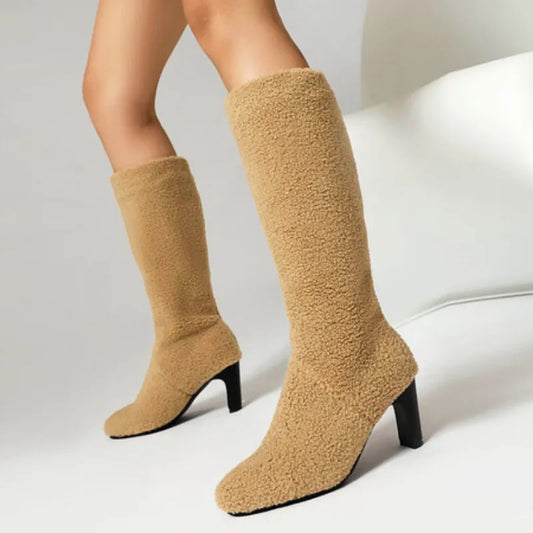 Faux Fur Lined Knee High Boots - 7cm Square Heel Winter Boots