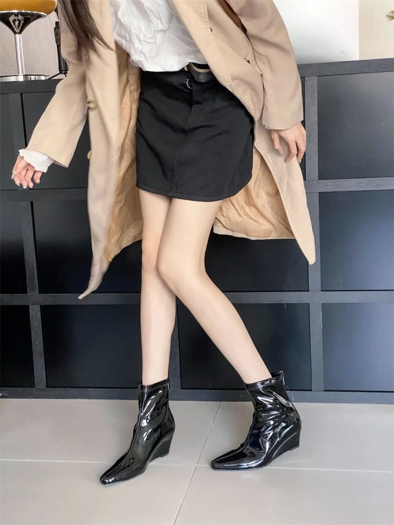 Patent Leather Pointed Toe Chelsea Ankle Boots | Wedge Heel & Rear Zip