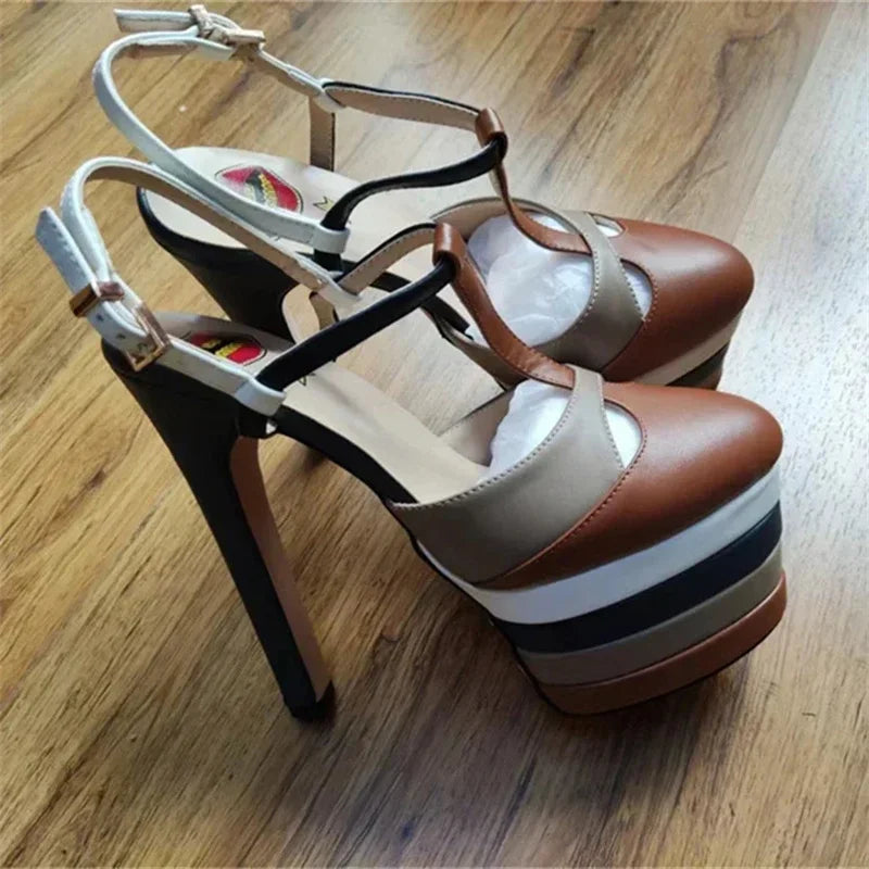 Women's Leather Platform Sandals - Wedge Heel Rivet T-Strap Sandals