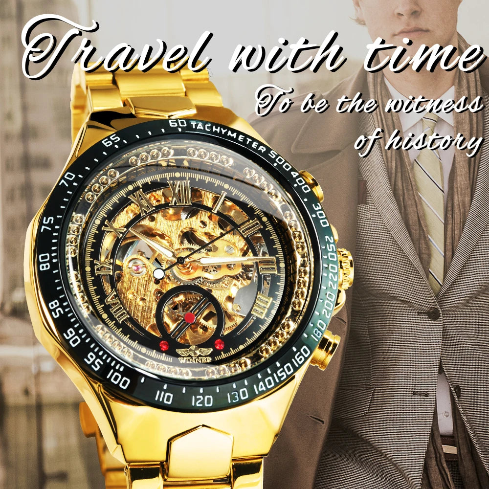 Men Mechanical Wristwatches Skeleton Watch Golden