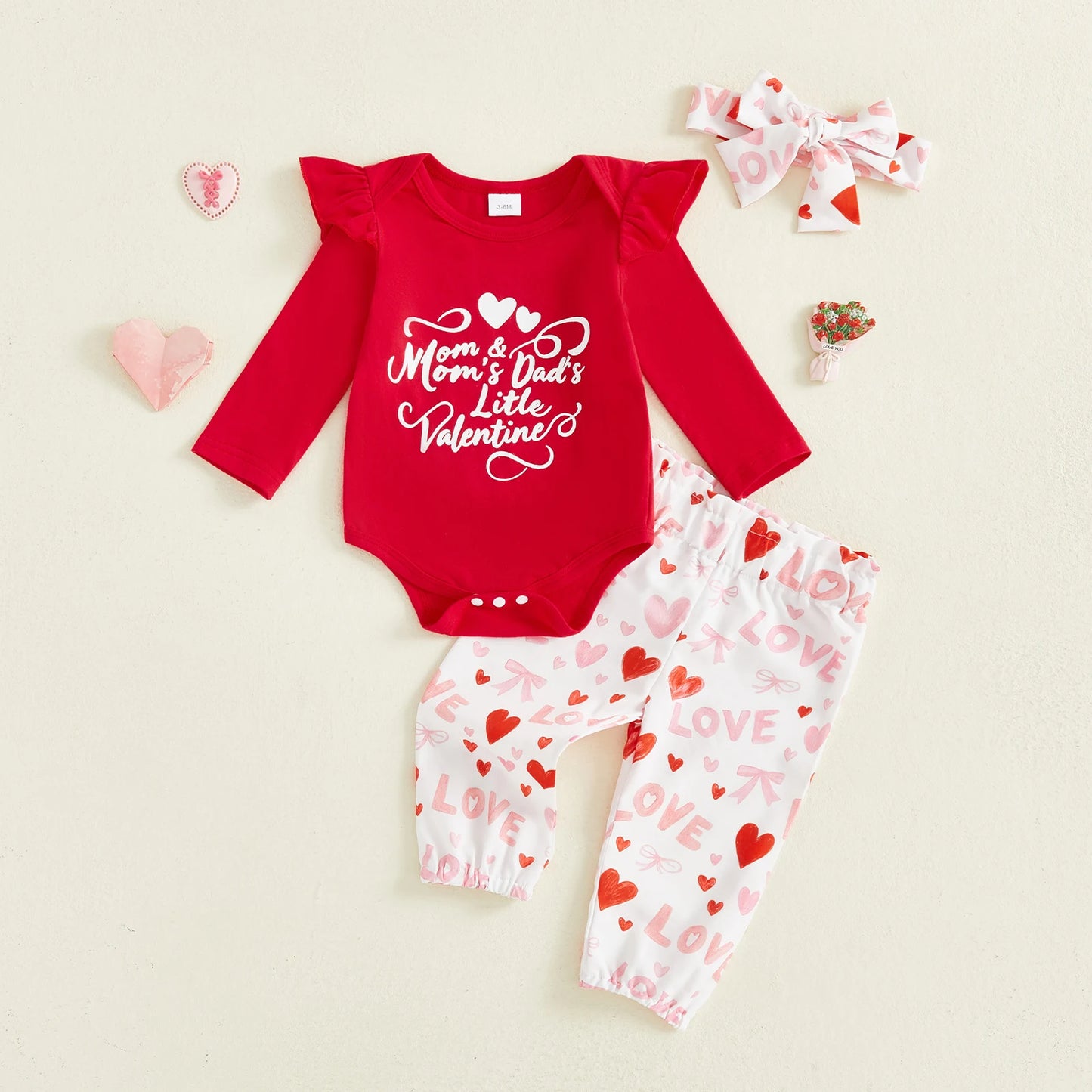 Baby Girls Valentine's Day 3-Piece Outfit Set - Ruffle Romper, Pants & Headband