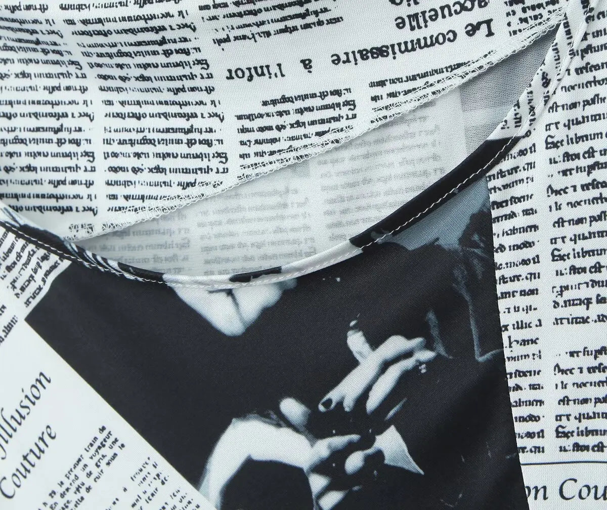 Newspaper Print Sling Dress - Backless Chain Strap Dress