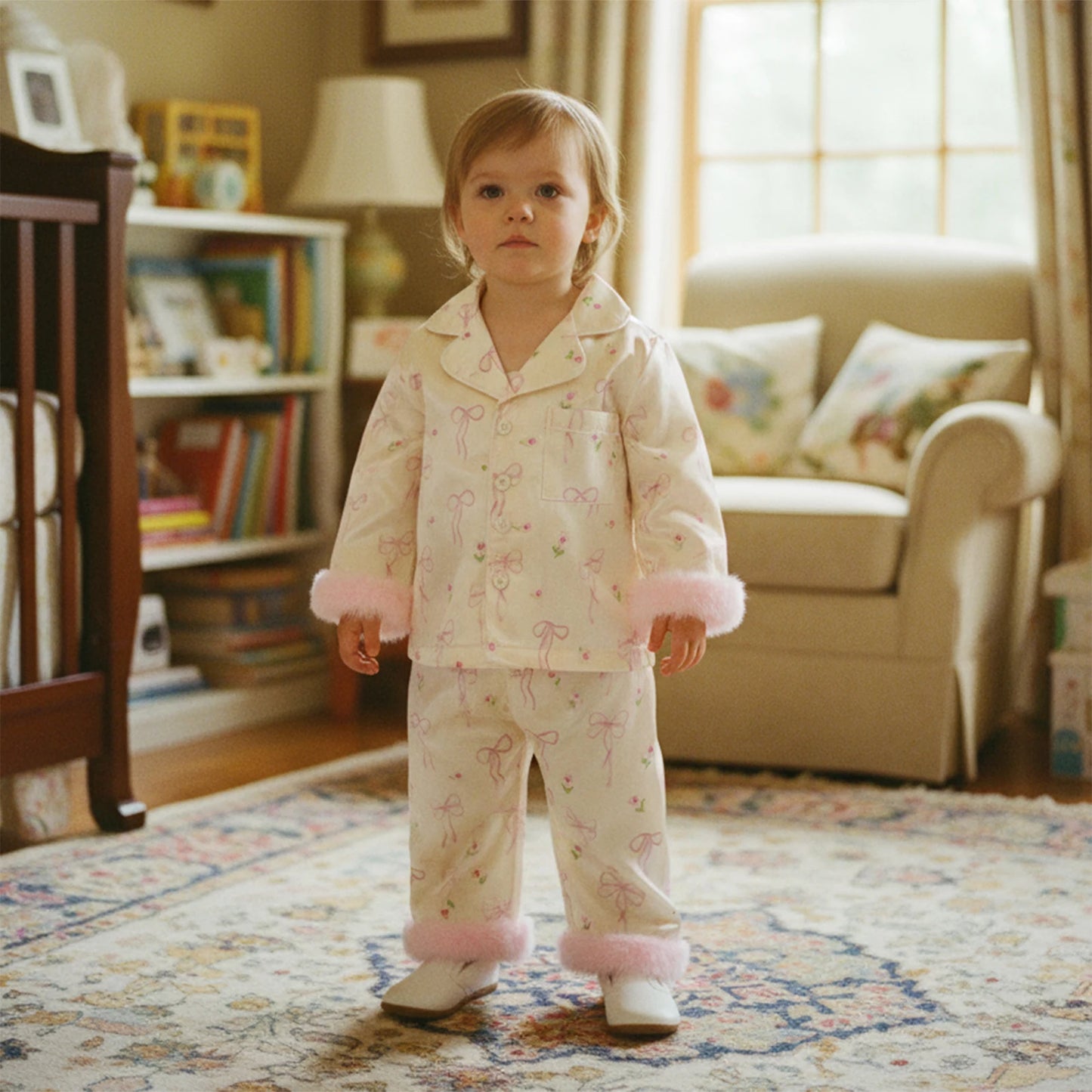 Toddler Girls Satin Pajama Set - Bow Furry Cuff Long Sleeve Top & Pants (1-5Y)