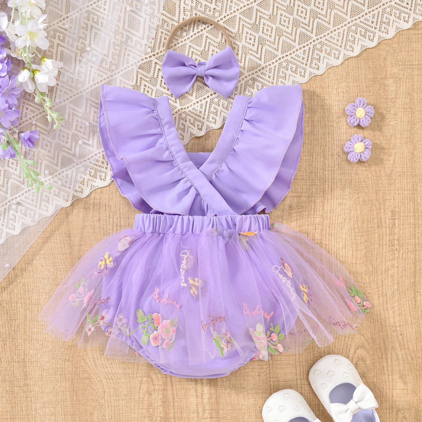 Baby Girls Romper Dress Set - Ruffles Fly Sleeve Flower Embroidery Tulle Jumpsuit