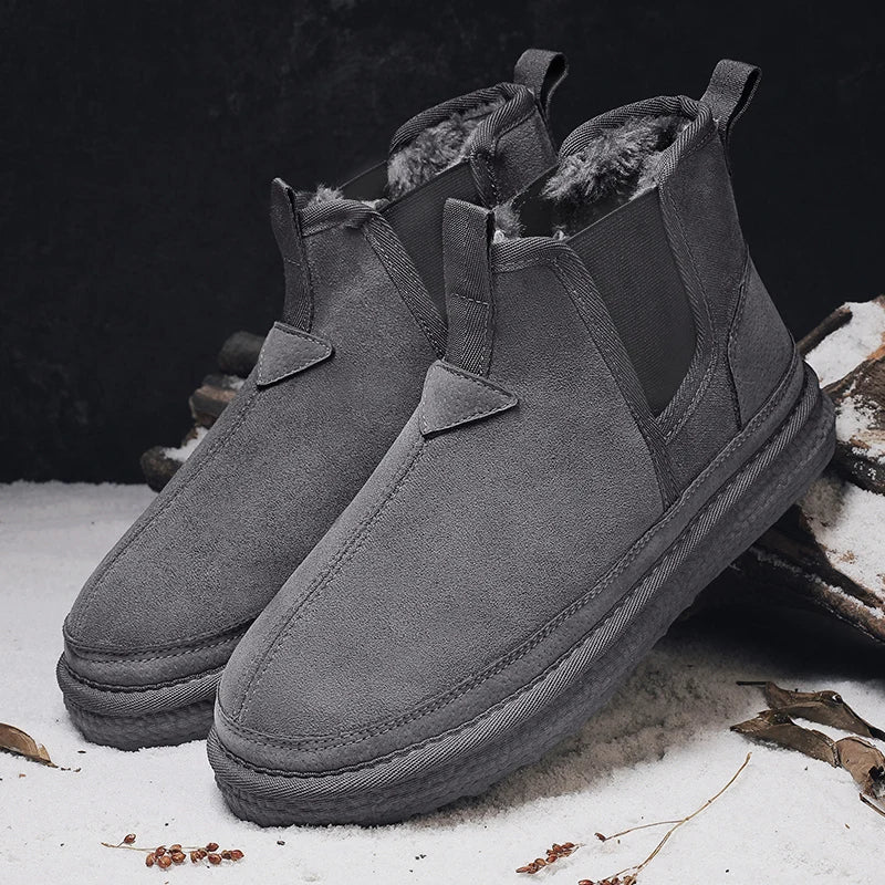 Men's Warm Fur Snow Boots Waterproof Suede Furry Leather Ankle Fluffy Plush Shoes