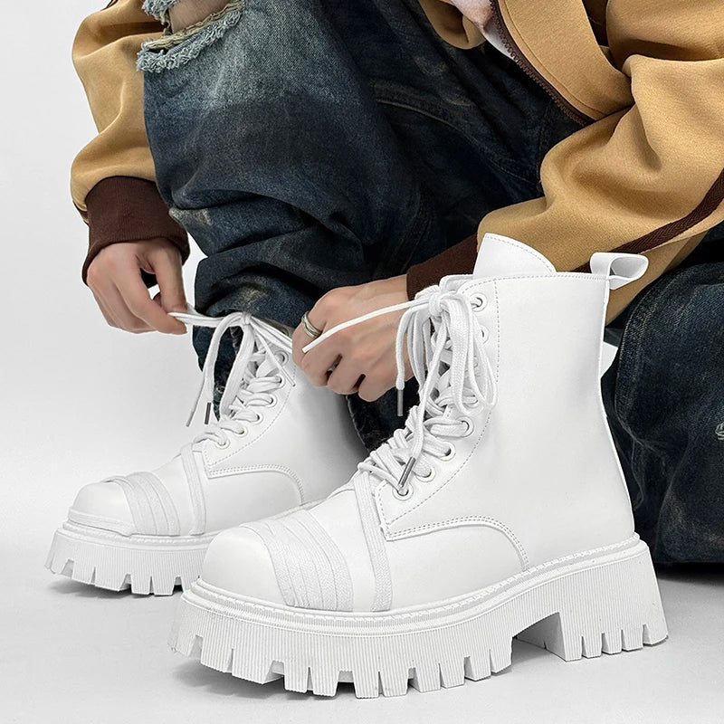 Men's Leather Platform Motorcycle Boots - Retro Street Ankle Sneakers