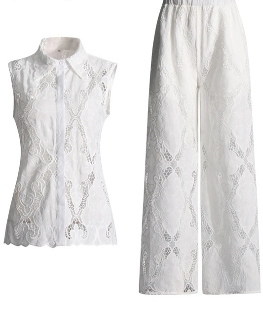 Women's Solid Hollow Out Two Piece Set - Stand Collar Sleeveless Top & Wide Leg Trousers