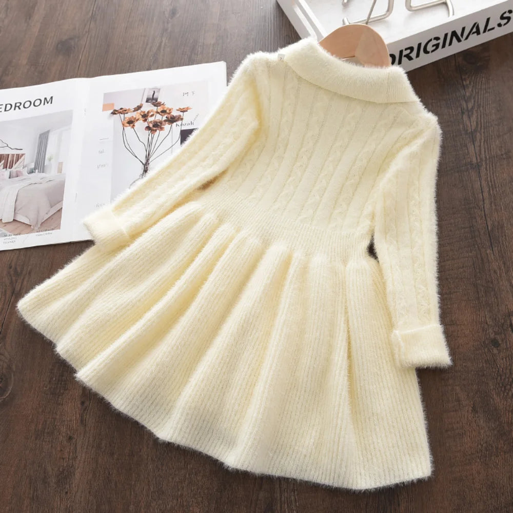 Children's Girl's  Thick Collar Sweater Spotted Bow Collar Pleated Knit Dress