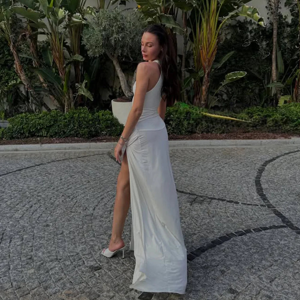 Women's Ruched Split Maxi Dress - Elegant Sleeveless Evening Gown