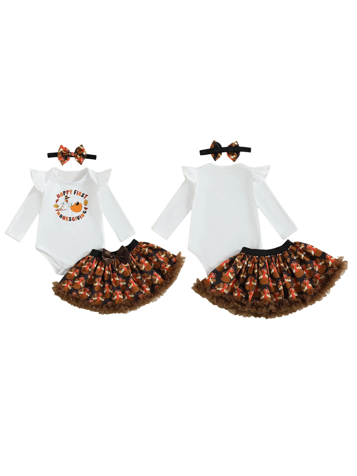 Baby Girls Thanksgiving Outfit Set - 3-Piece Long Sleeve Romper, Mini Skirt & Headband