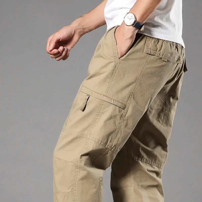 Men's Cotton Cargo Pants - Spring Autumn Multi-Pocket Drawstring Trousers