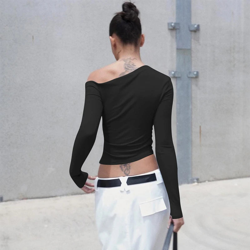 Women's Slim Asymmetrical Top - Long Sleeve Ruched Cropped Top