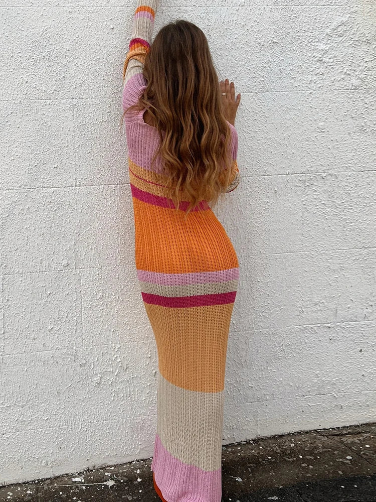 Women's Striped Knitted Long Sleeve Bodycon Maxi Dress