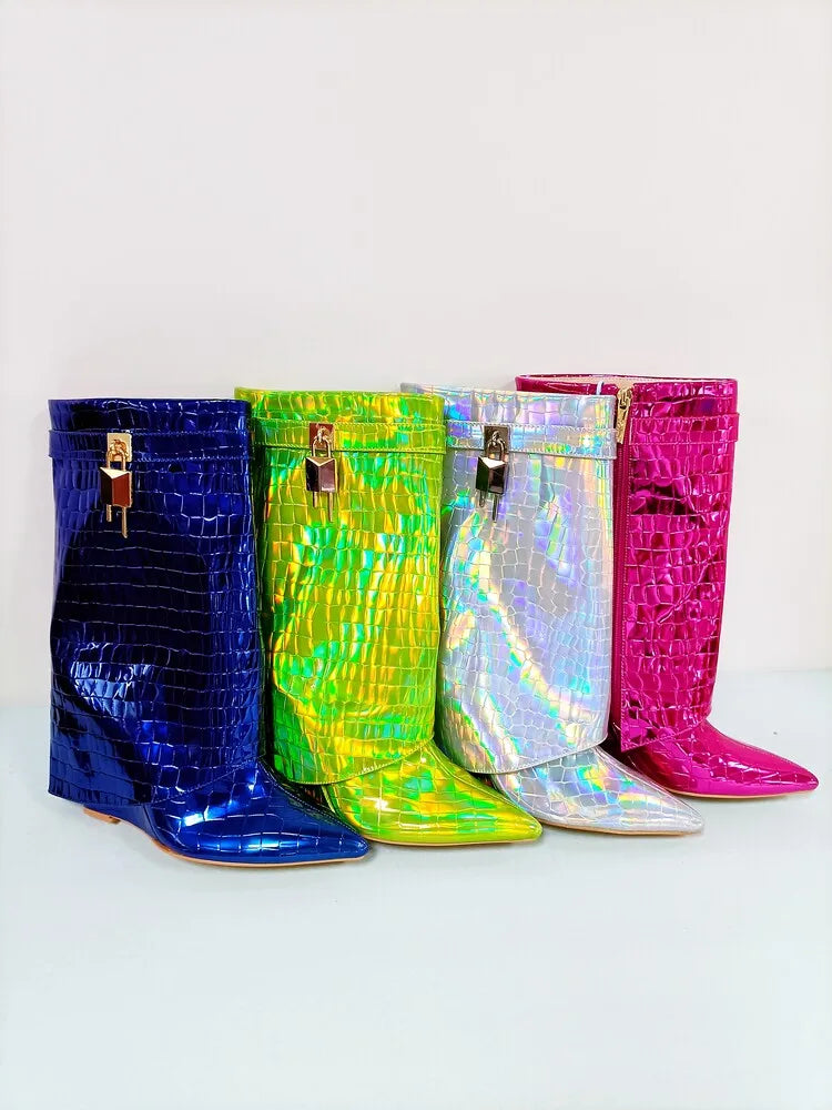 Women's Wedge Leather Mid-Calf Boots - 10cm Heel Metal Buckle Boots