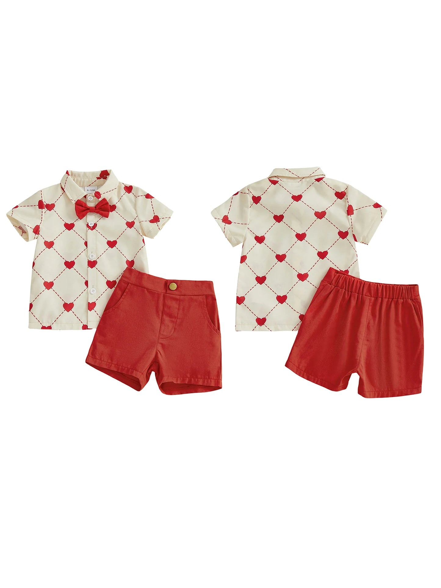 Valentine's Day Baby Boy Outfit Set - Heart Print Bowtie Shirt & Solid Shorts