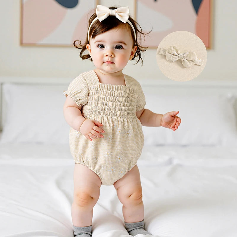 Baby Girls Romper Set with Headband - Plaid Flower Print Short Sleeve Bodysuit 2-Piece