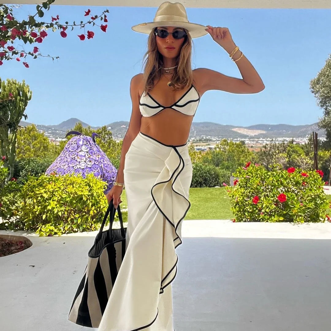 Women's 3 Pcs Bikini with Skirt Halter Women Patchwork Swimwear Set