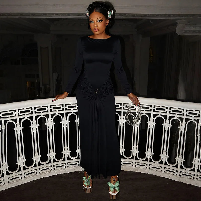 Women's Ruched Embellished Bodycon Dress - Long Sleeve Elegant Dress