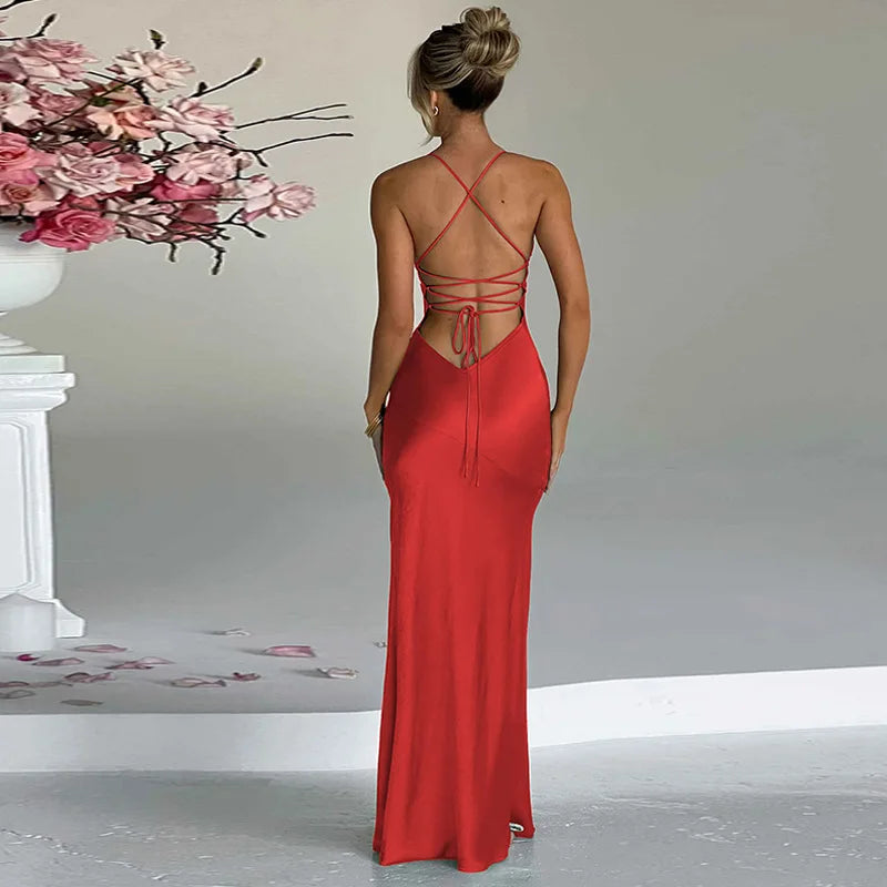 Women's Spaghetti Strap Slip Maxi Dress - Split Backless Bandage Elegant Gown Dress