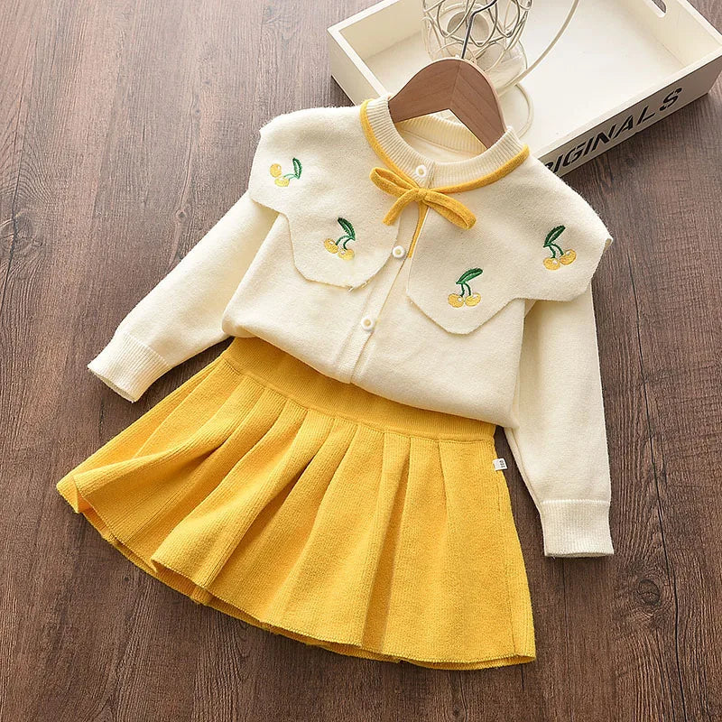 Girls' Knitted Embroidery Sweater & Skirt Set – Autumn Winter 2-Piece Outfit