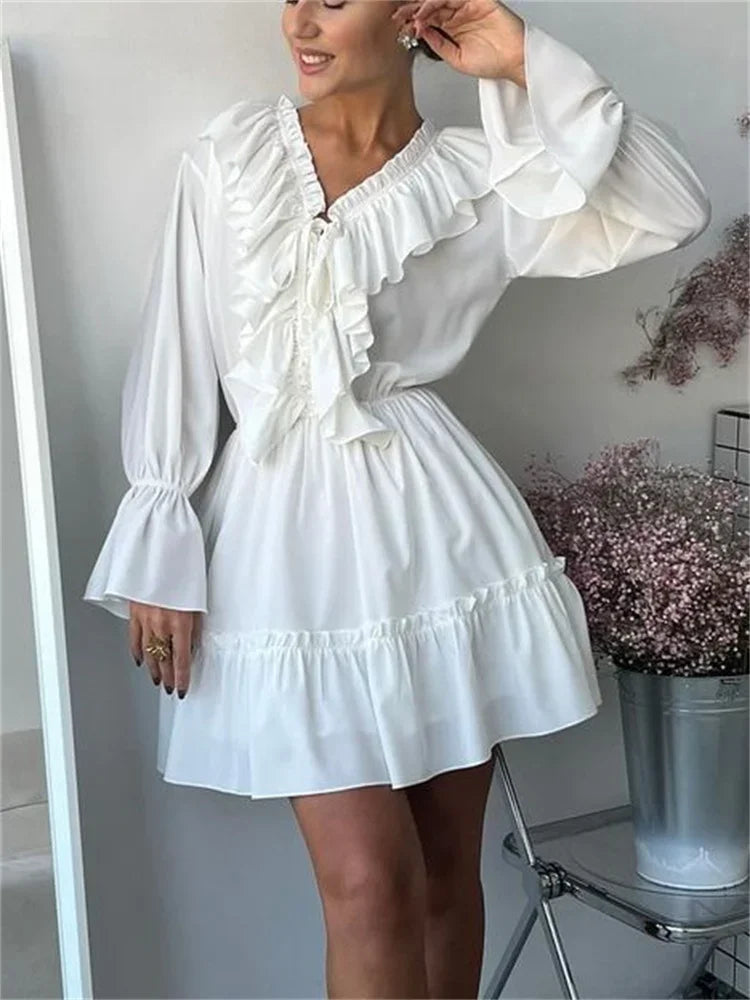 Women's Ruffled V-Neck Mini Patchwork Long Sleeve Elegant Bandage High Waist Lace-Up Dress