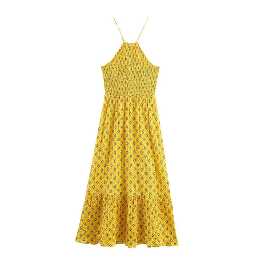 Women's Printed Midi Halter Dress with Backless Design