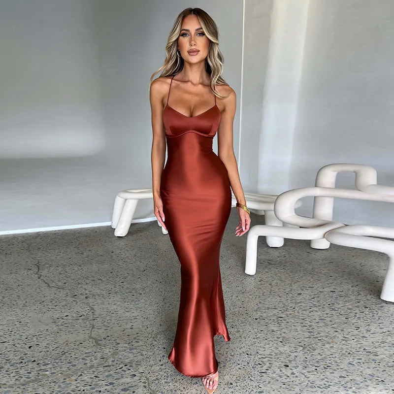 Women Backless Bandage Party Maxi Dress - Satin Fall Outfits Elegant Gown Lace Up Slip Dress