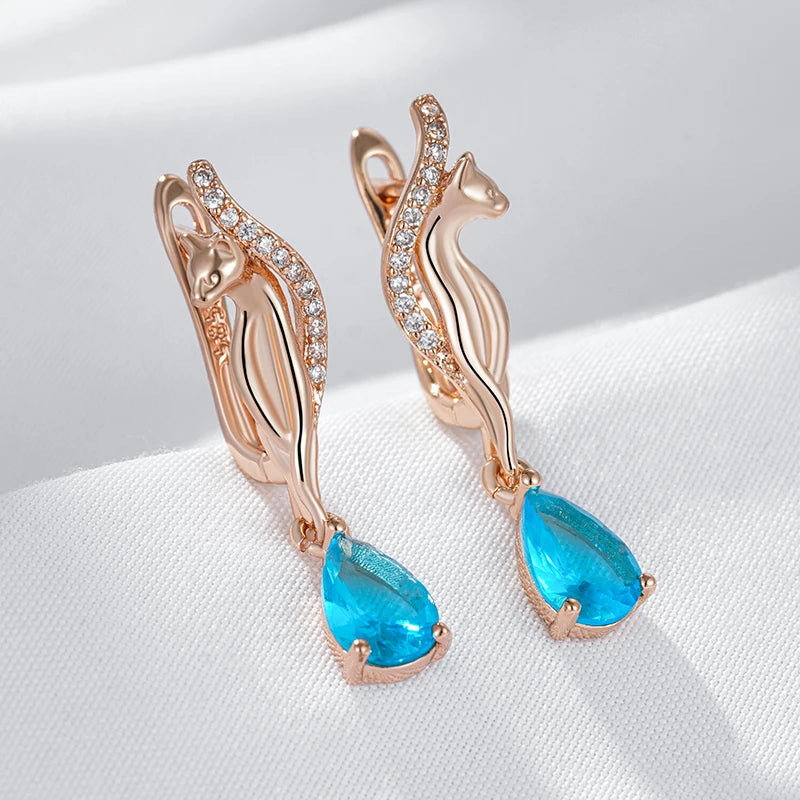 Women's 585 Natural Zircon Rose Gold Colour Cat Drop Earrings