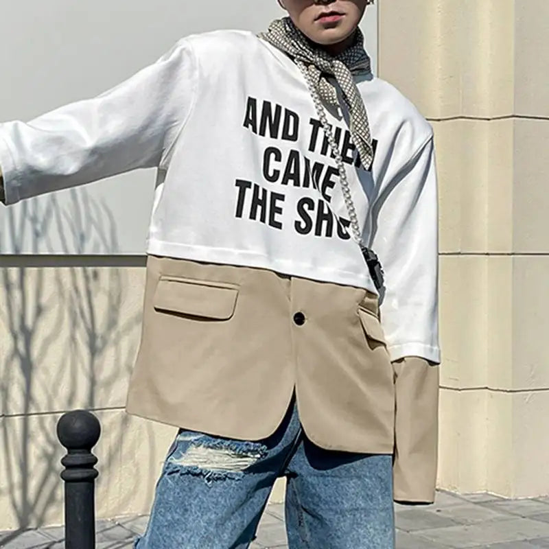 Men's T Shirt Printing Patchwork Round-neck Long Sleeve Jacket Style Top