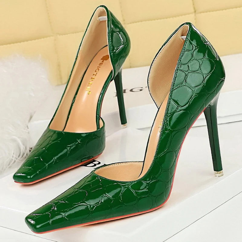 Women's Patent Leather Stone Pattern High Heels Square Head Stilettos Shoes