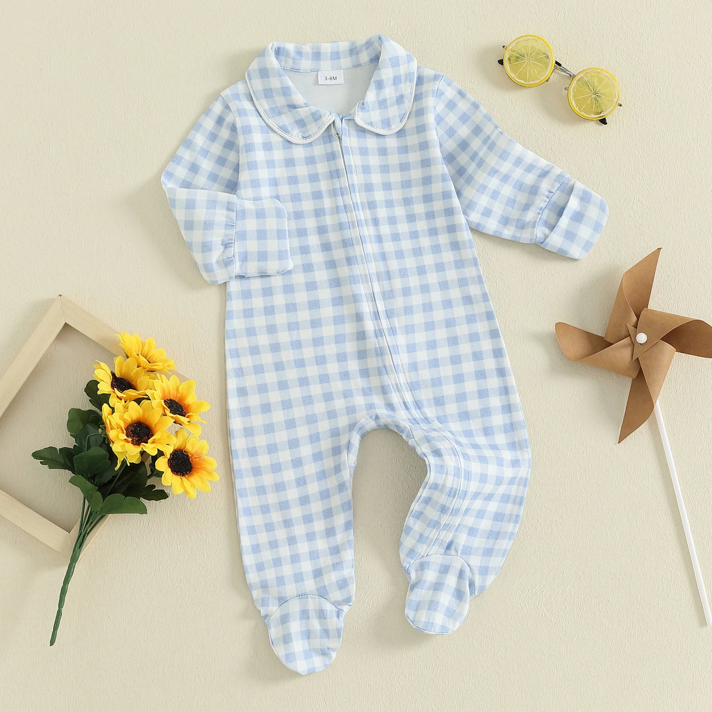 Newborn Baby Plaid Romper - Doll Collar Long Sleeve Zip-Up Footed Jumpsuit
