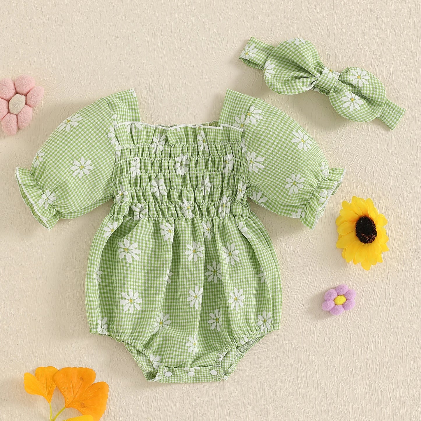 Baby Girls Romper Set with Headband - Plaid Flower Print Short Sleeve Bodysuit 2-Piece
