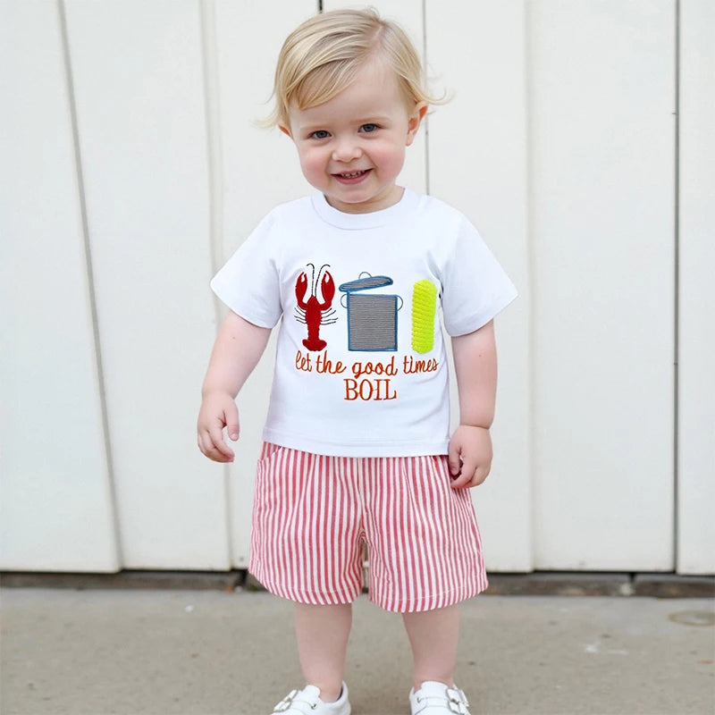 0-7Y Casual Kids Boys Summer Clothes Sets 2pcs Short Sleeve O Neck Lobster Letter Print T Shirts and Striped Shorts
