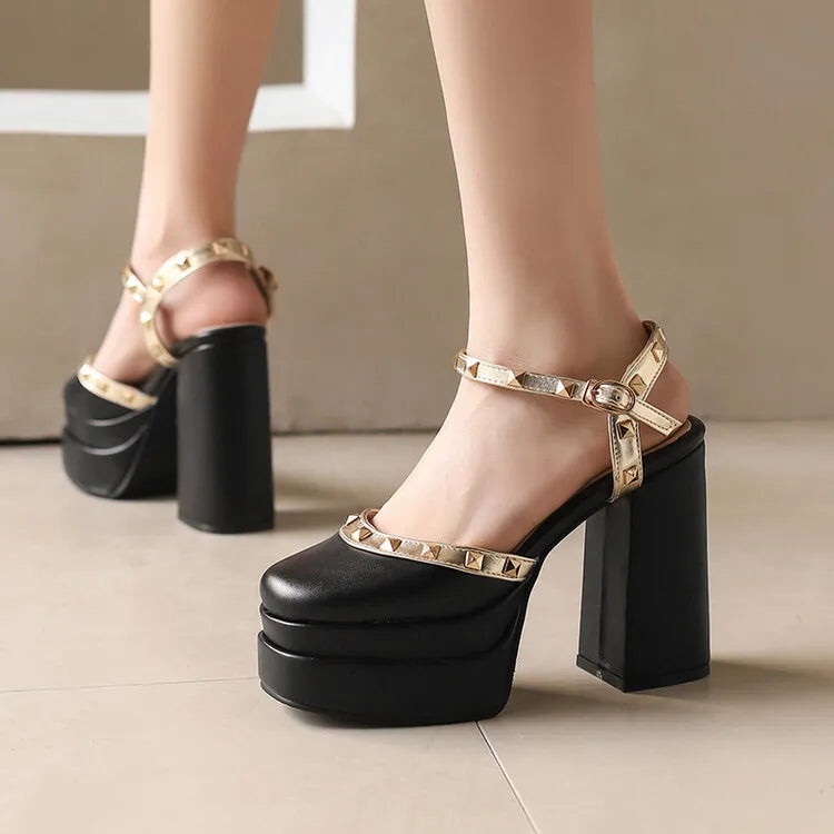 Women's Riveted Leather 14cm Square Heels Pumps Shoes