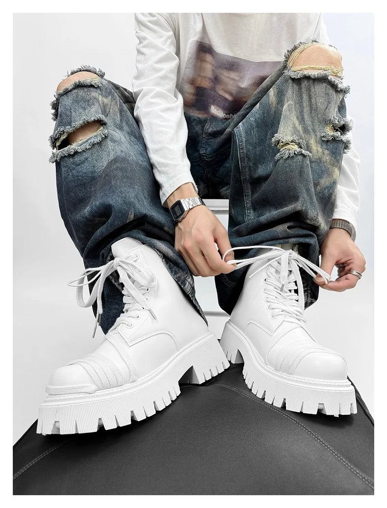 Men's Leather Platform Motorcycle Boots - Retro Street Ankle Sneakers