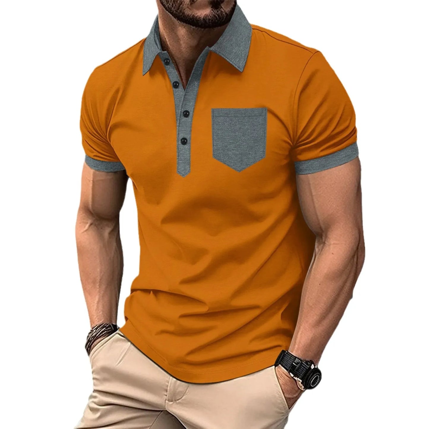 Men's Summer Short Sleeve Patchwork Turn Down Collar Smart Casual Polo Shirt