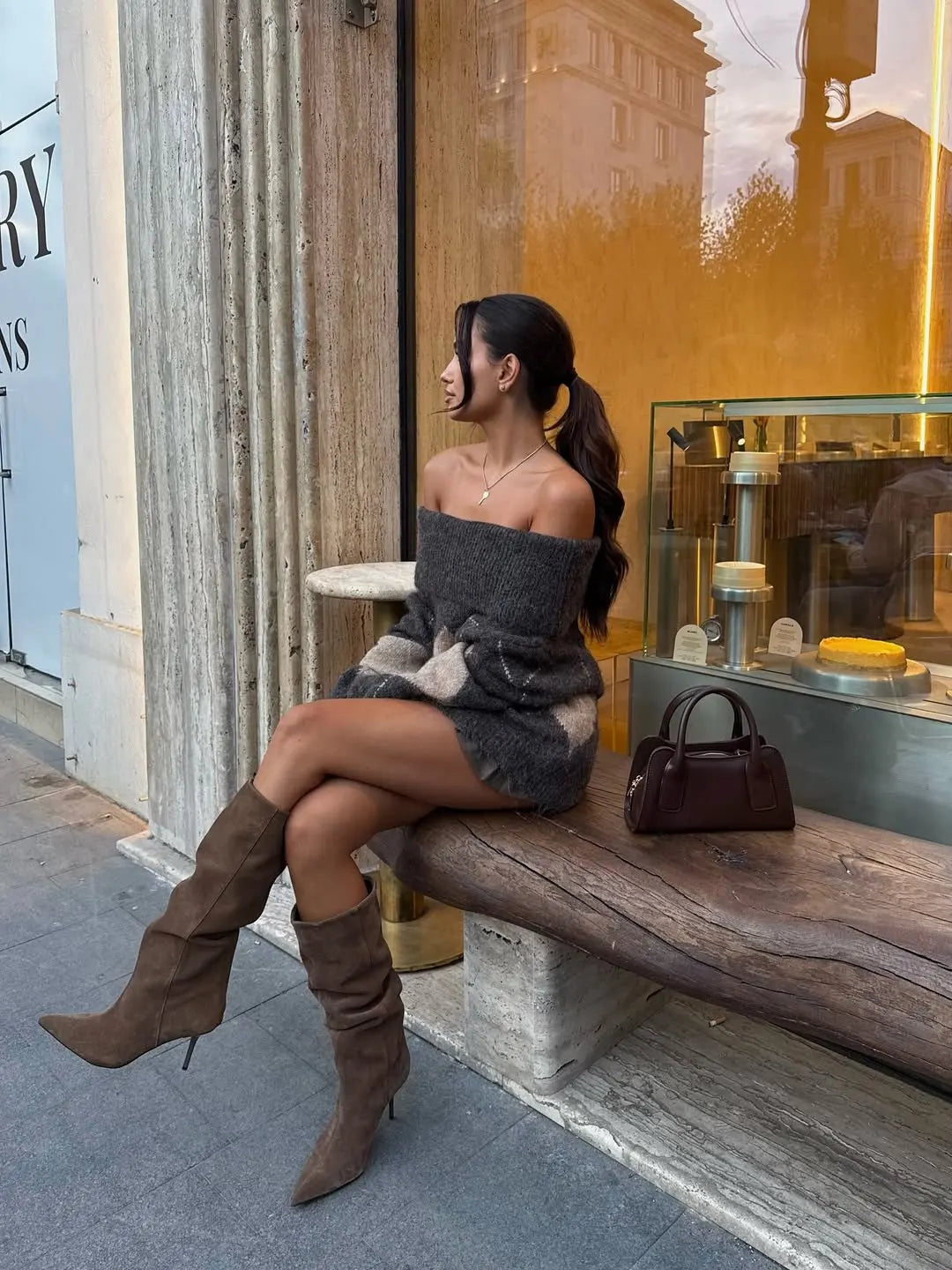 Vintage Argyle Off Shoulder Knit Sweater - Long Sleeve Loose Casual Pullover