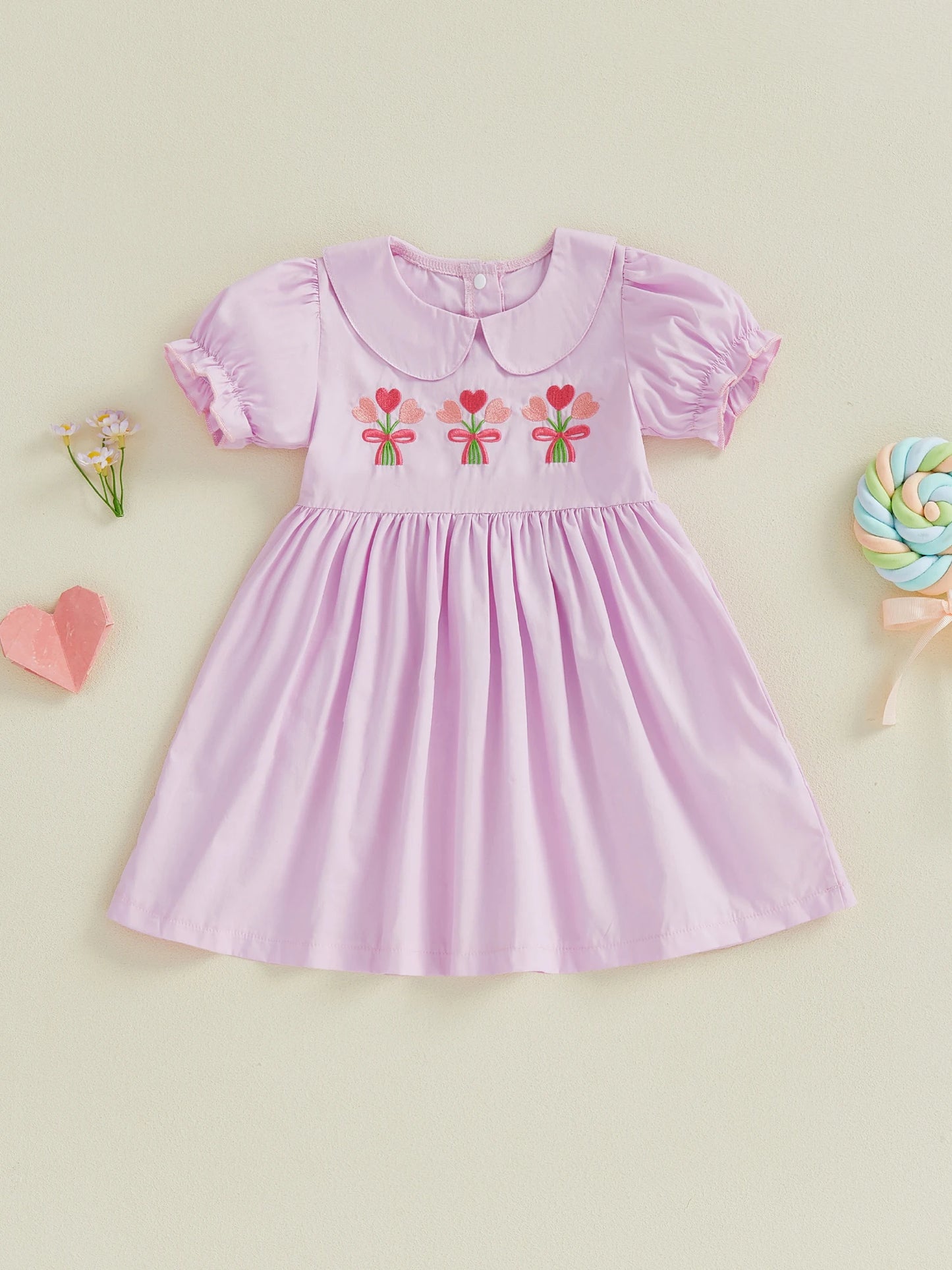 Girls Princess A-Line Dress - Floral Embroidery Doll Collar Short Sleeve