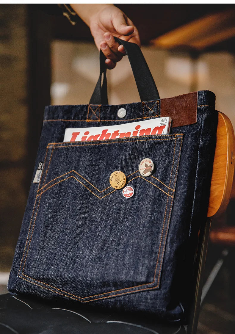 Women's Workwear American Retro Shoulder Crossbody Denim Embroidery Large Capacity Portable Flat Tote Bag