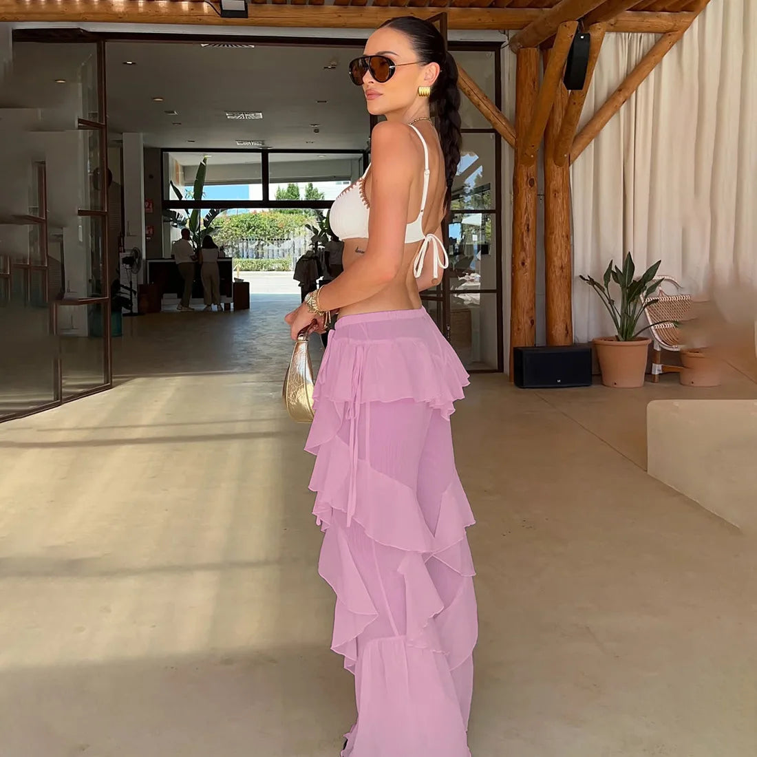 Women's Ruffled Tie Detail Flared Pants - Mesh Sheer Stretch Trousers