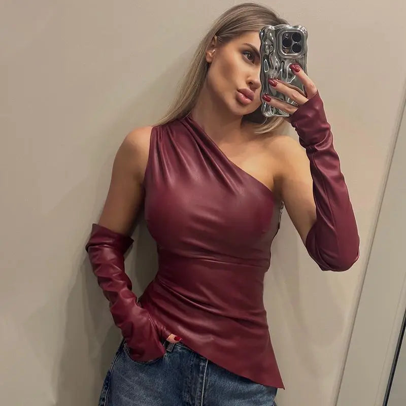 Women's PU Leather Asymmetrical Top Tank Sleeveless One Shoulder Top